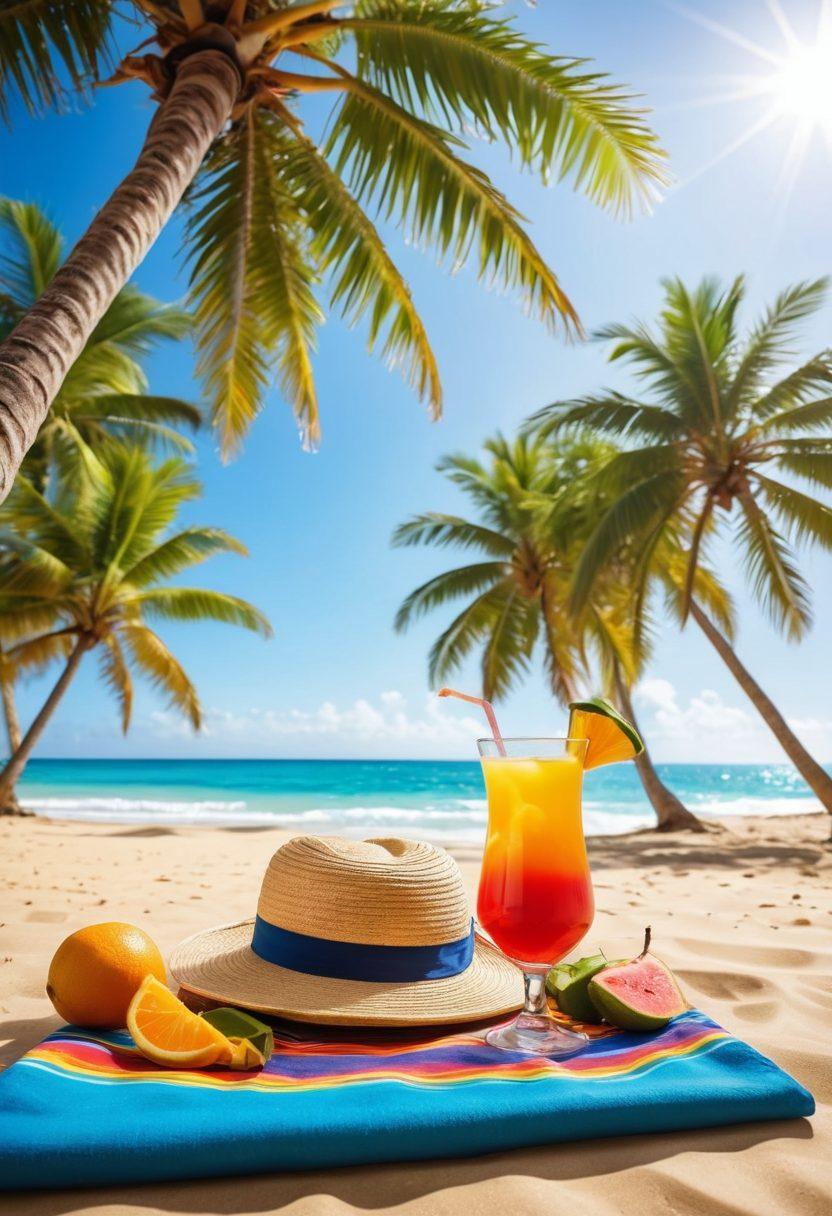A vibrant beach scene filled with colorful beachwear, sun hats, and flip-flops scattered on golden sand. In the foreground, a refreshing cocktail garnished with tropical fruits sits beside a sun-drenched beach towel. Palm trees sway gently in the background under a bright sun with a clear blue sky, inviting relaxation and fun. The atmosphere radiates summer vibes, perfect for readers looking to embrace the season. super-realistic. vibrant colors. tropical theme.