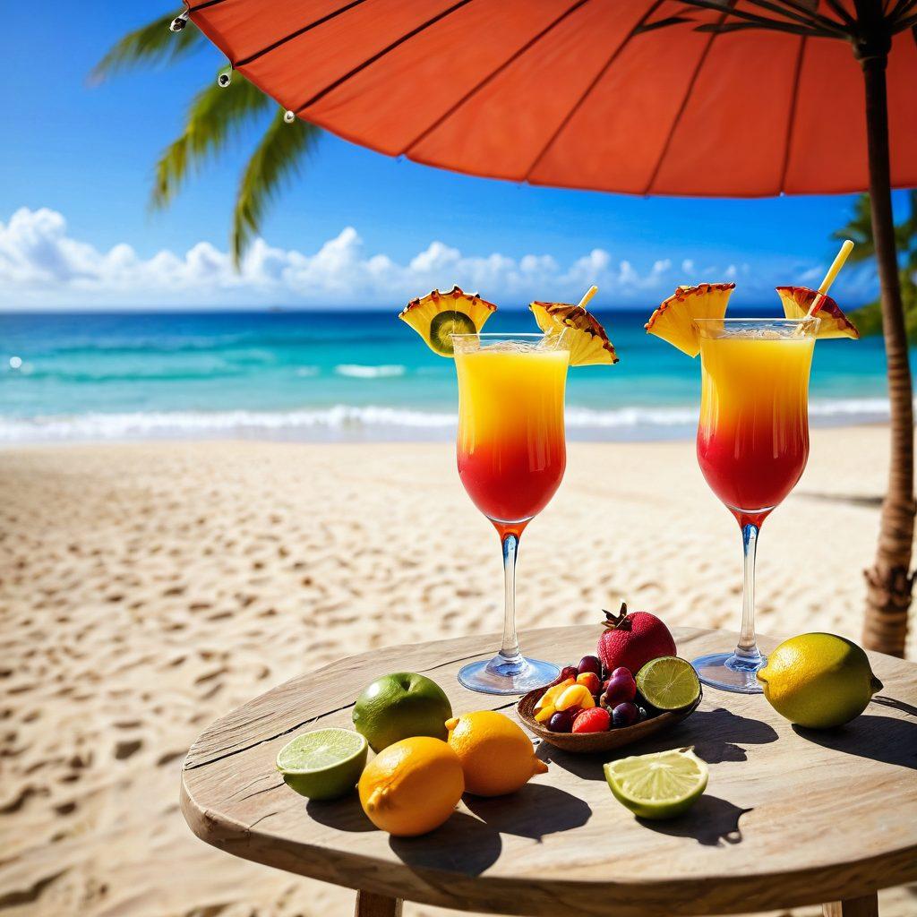 A vibrant summer scene showcasing an elegantly arranged table with an assortment of tropical cocktails, each in unique glasses adorned with colorful umbrellas and fresh fruits. The background features a sunny beach, with golden sand and turquoise waves gently lapping at the shore, while palm trees sway in the breeze. A refreshing atmosphere is evoked, inviting viewers to indulge in these delightful drinks. super-realistic. vibrant colors. beach setting.