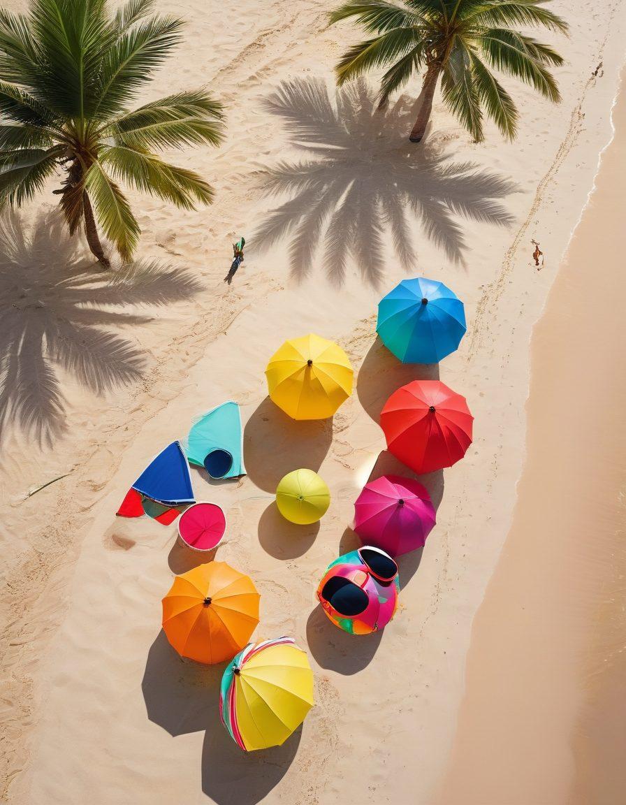A sunny beach scene showcasing a vibrant group of friends in stylish summer party attire, featuring colorful sunglasses, wide-brimmed hats, and tropical swimsuits. In the background, beach umbrellas and a sparkling ocean enhance the relaxing vibe, while beach balls and cocktails add to the festive atmosphere. Include palm trees swaying gently in the breeze. bright colors. tropical theme. super-realistic.